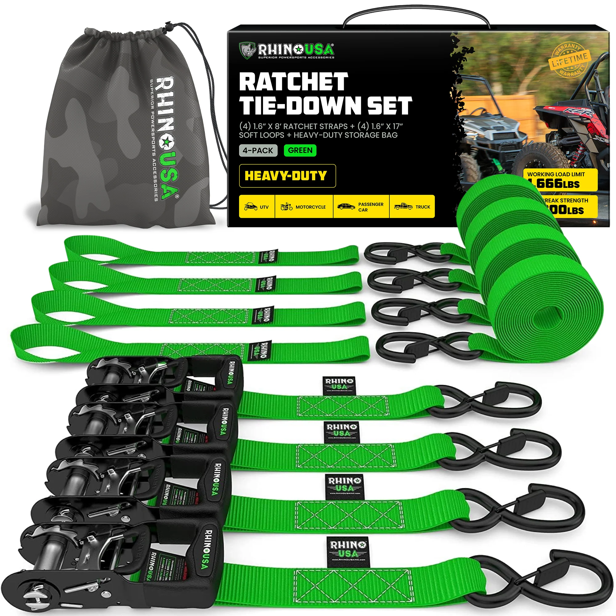 1.6" x 8' HD Ratchet Tie-Down Set (4-Pack) - Image 3