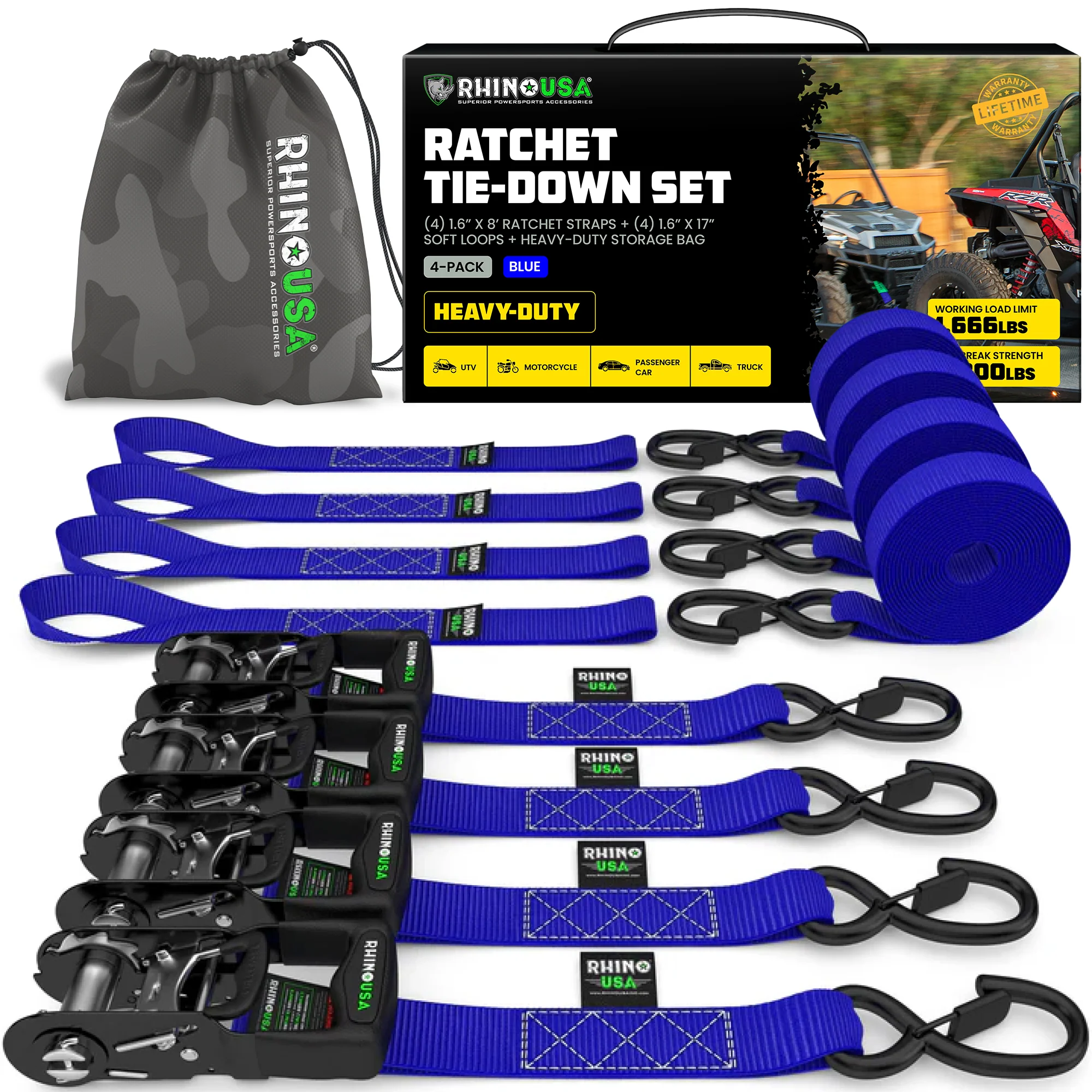 1.6" x 8' HD Ratchet Tie-Down Set (4-Pack) - Image 4